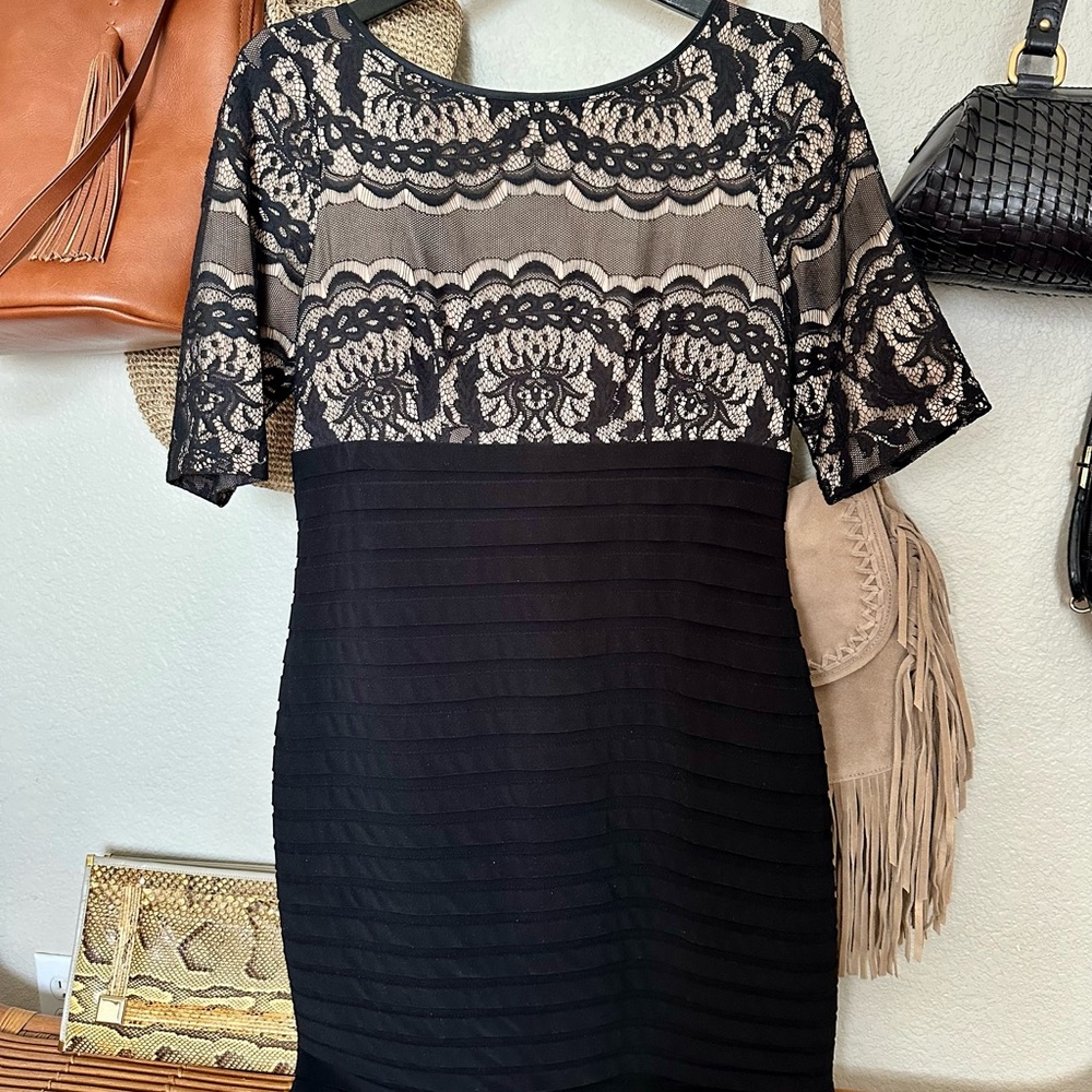 Adrianna Papell Black Sheath Midi Dress with Crew Neck and lace overlay